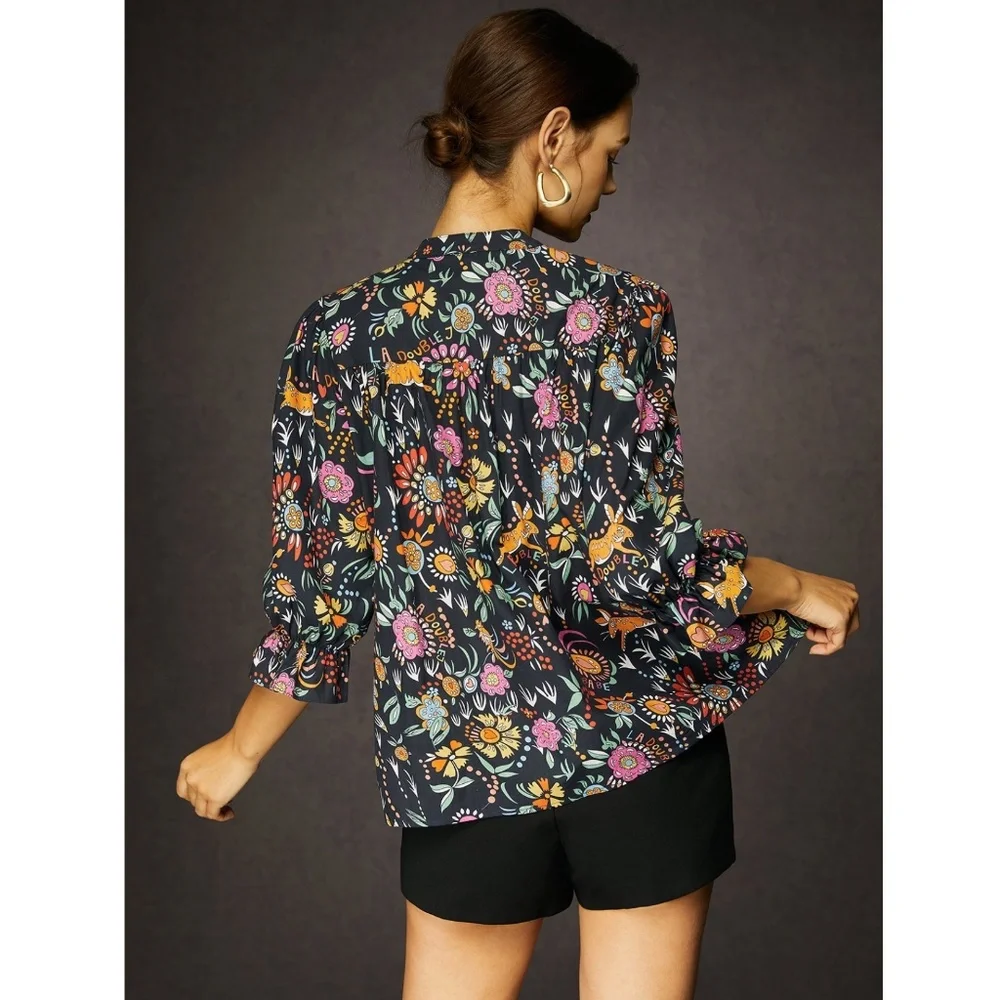 StyleWe, V-Neck Printed Floral Black Multicolored Blouse, Size L - Picture 7 of 7